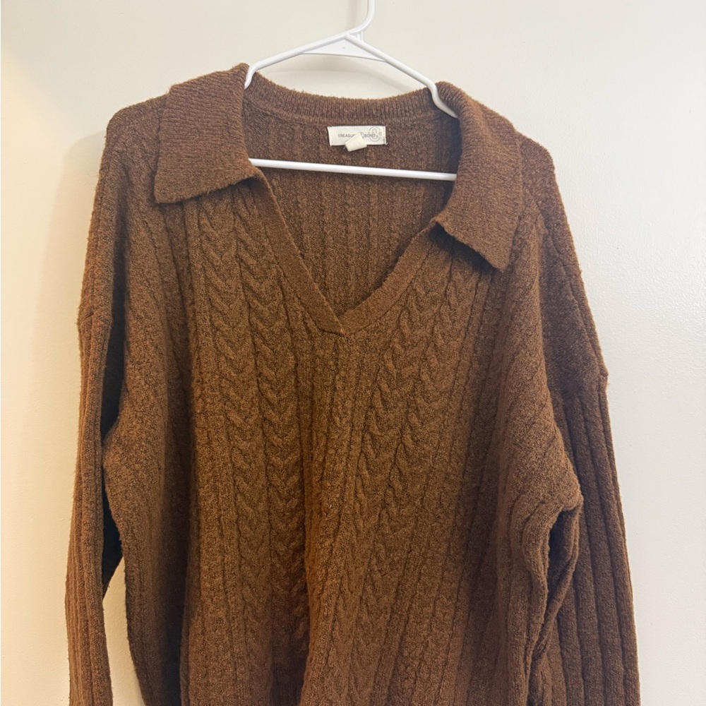 Treasure & Bond Collared Cable-Knit V-Neck Sweater - Brown
